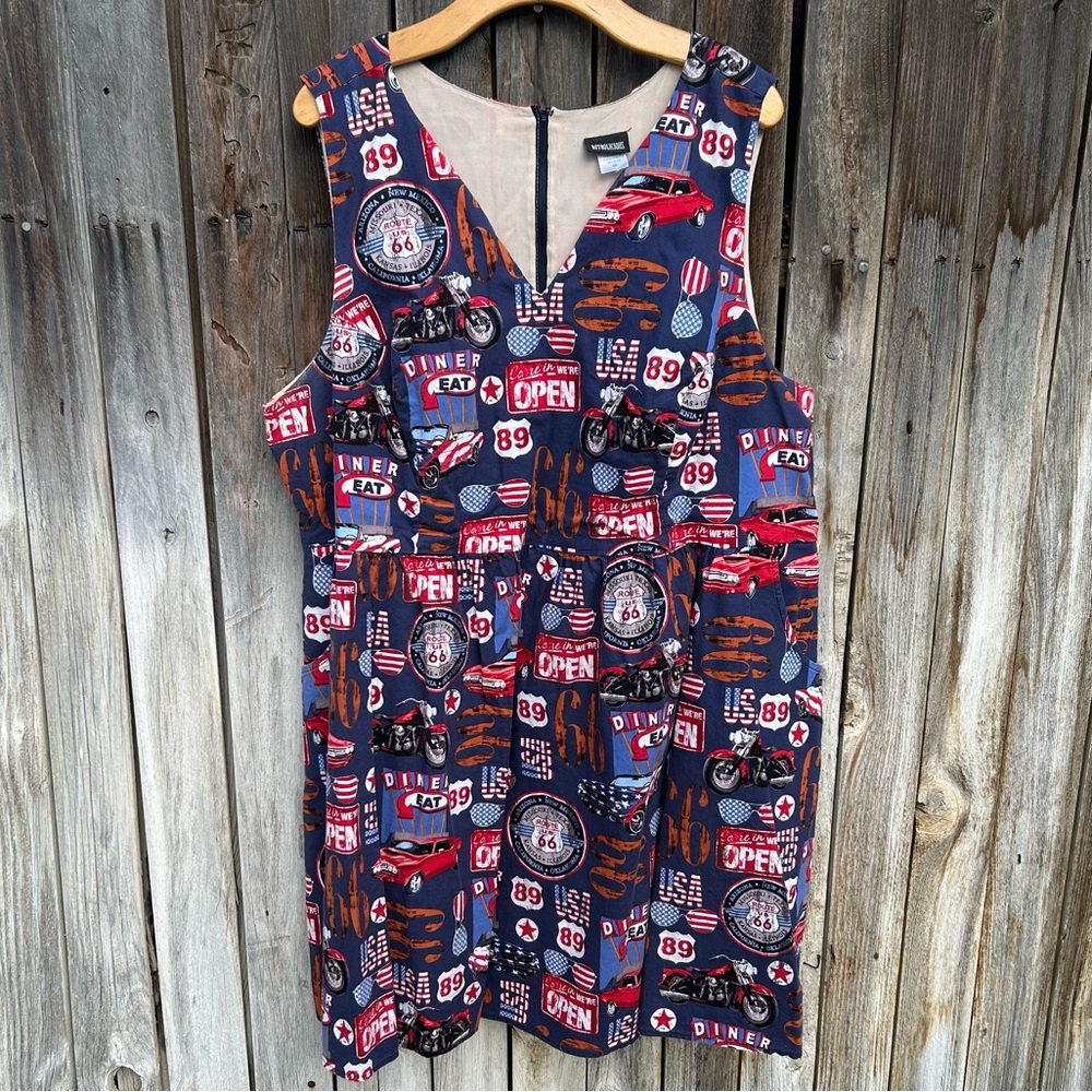 Retrolicious ModCloth Route 66 Print Dress Cotton Red Blue 4X